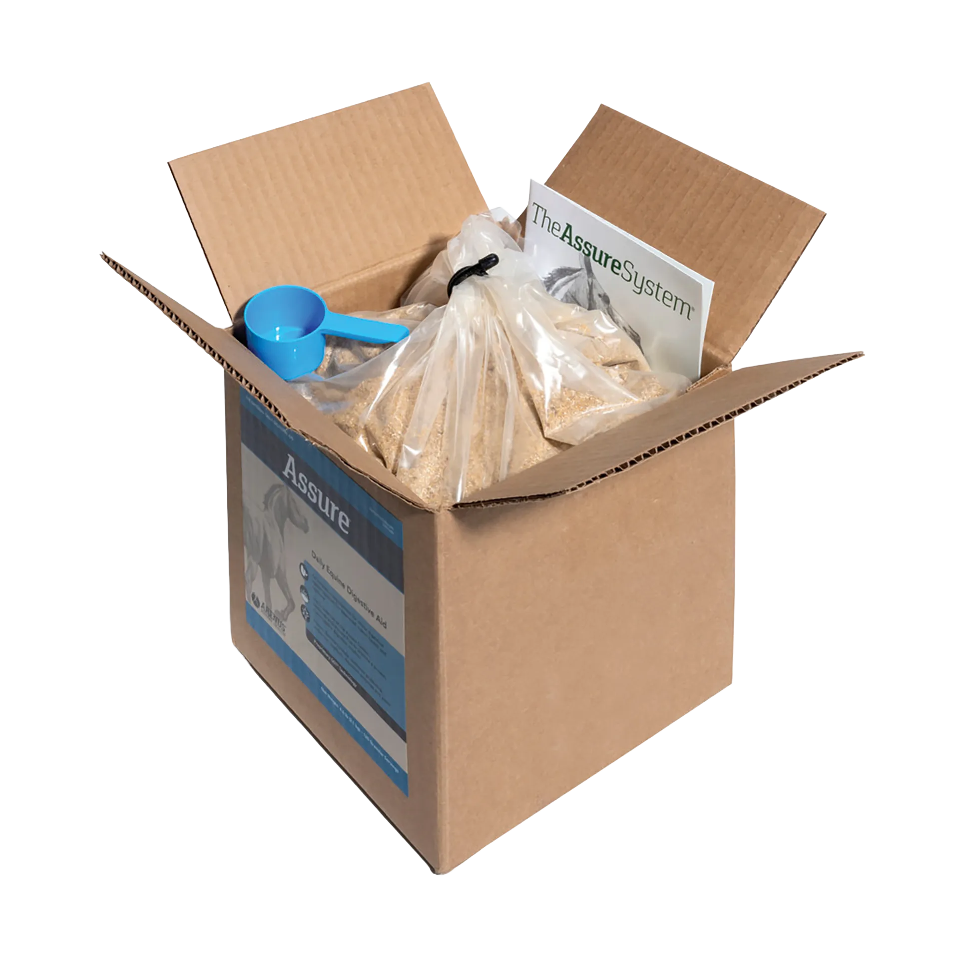 Assure®,"Open box with bagged powder, blue scoop, and insert"
