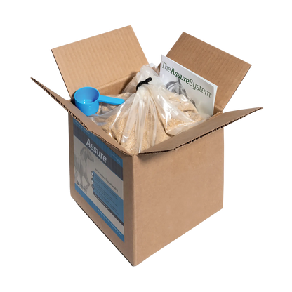 Assure®,"Open box with bagged powder, blue scoop, and insert"