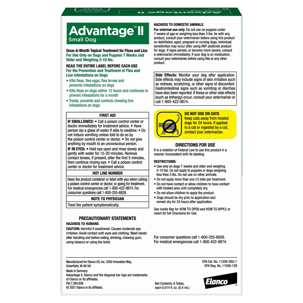 Advantage™ II for Dogs,"Back of product box with usage directions and warning panels"