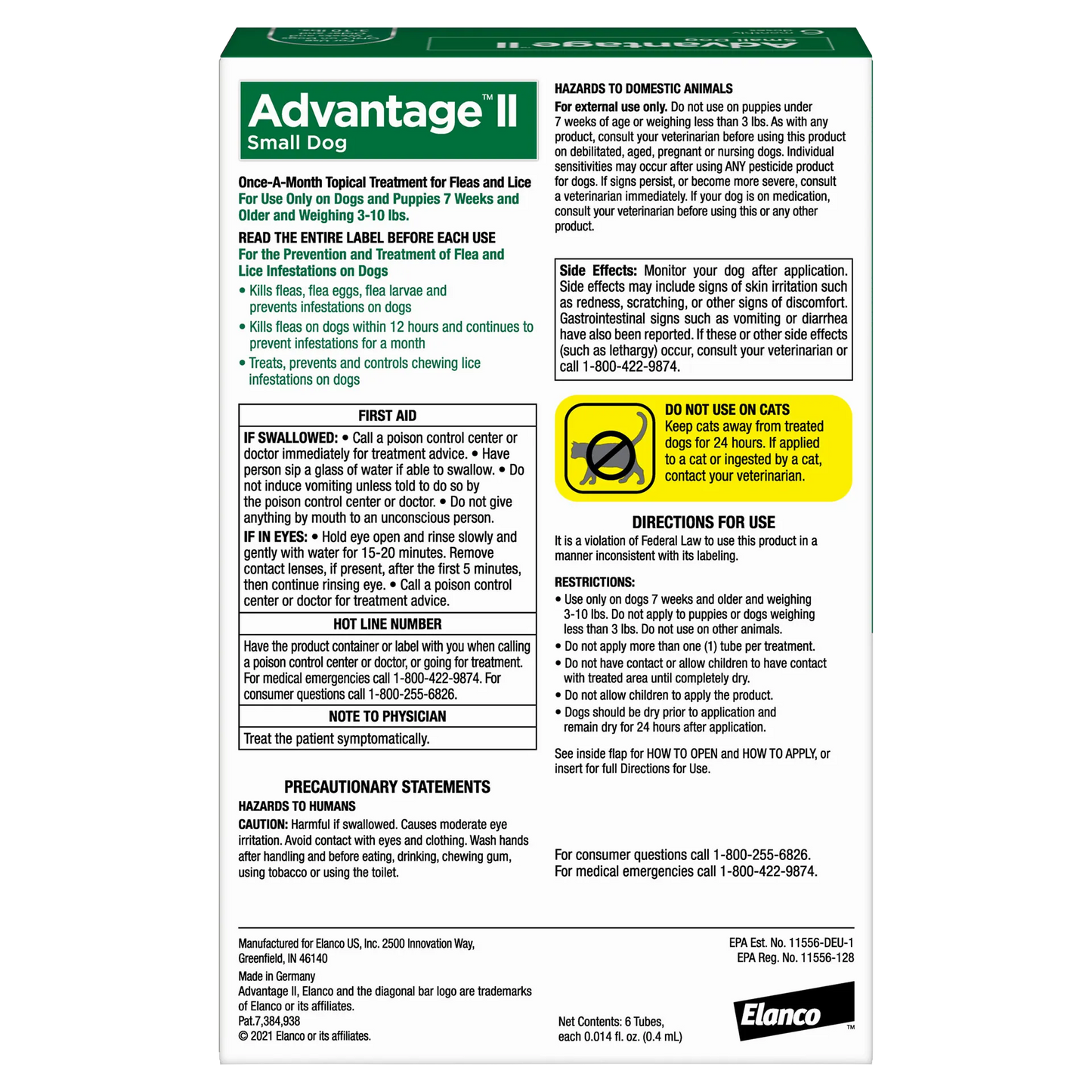 Advantage™ II for Dogs,"Back of product box with usage directions and warning panels"