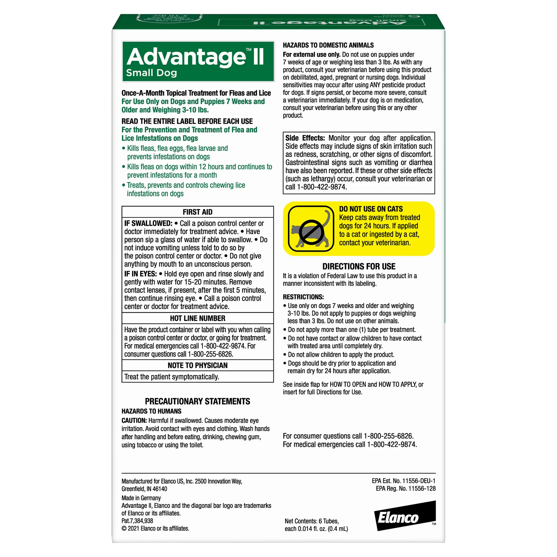 Advantage™ II for Dogs,"Back of product box with usage directions and warning panels"