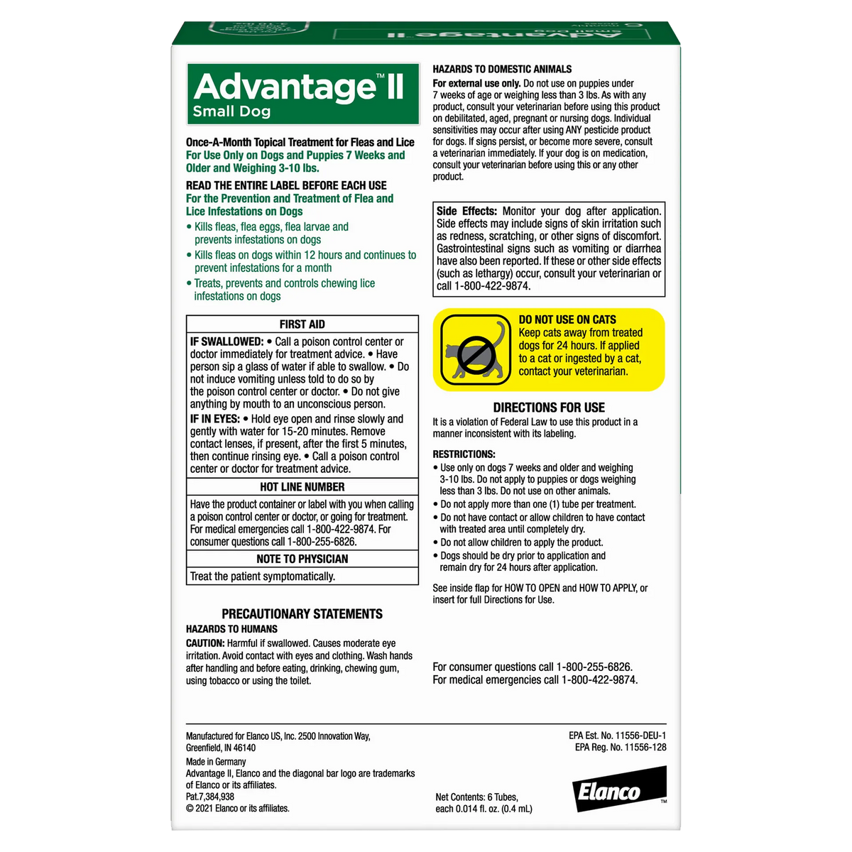 Advantage™ II for Dogs,"Back of product box with usage directions and warning panels"