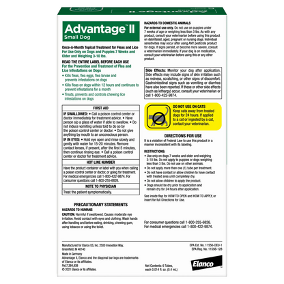 Advantage™ II for Dogs,"Back of product box with usage directions and warning panels"