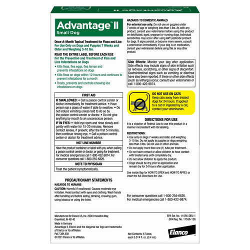 Advantage™ II for Dogs,"Back of product box with usage directions and warning panels"