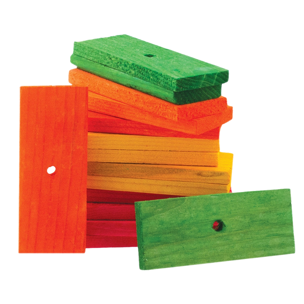Wood Blocks and Slats,"Stack of multicolor wooden slats with drilled holes"