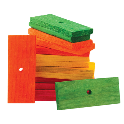 Wood Blocks and Slats,"Stack of multicolor wooden slats with drilled holes"