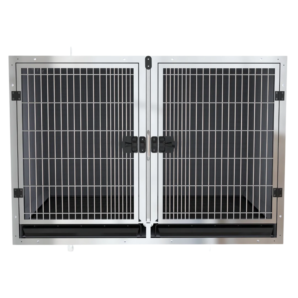 Module Stack Duo Dog Grooming Stainless Steel Cage by Waggz,"Double stainless steel cage with two barred doors and tray"
