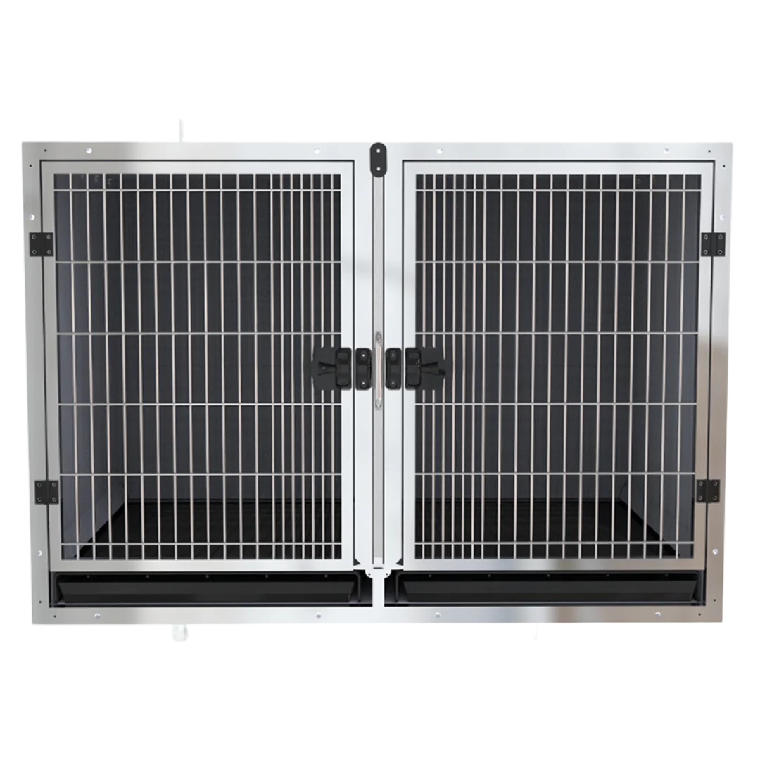 Module Stack Duo Dog Grooming Stainless Steel Cage by Waggz,"Double stainless steel cage with two barred doors and tray"
