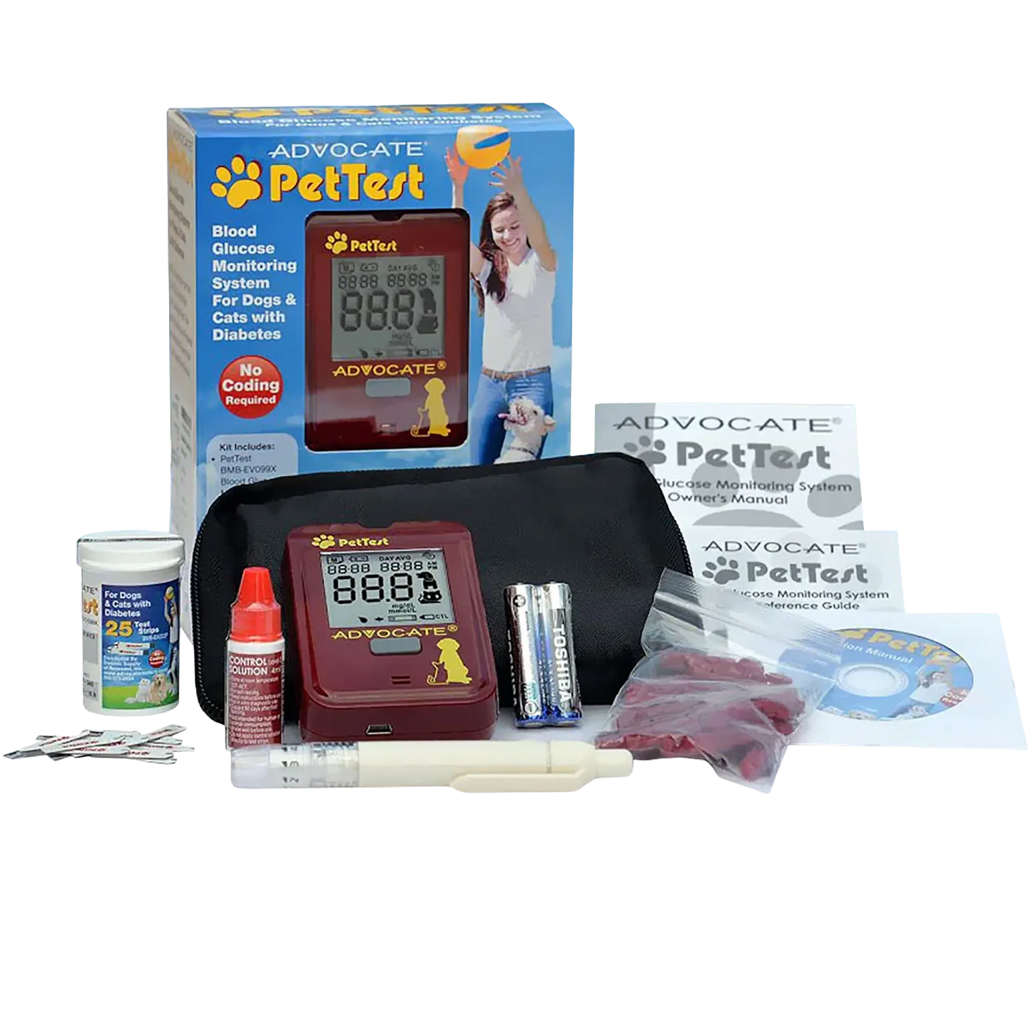PetTest Glucose Monitoring System,"Glucose meter kit with case, test strips, syringe, and accessories"