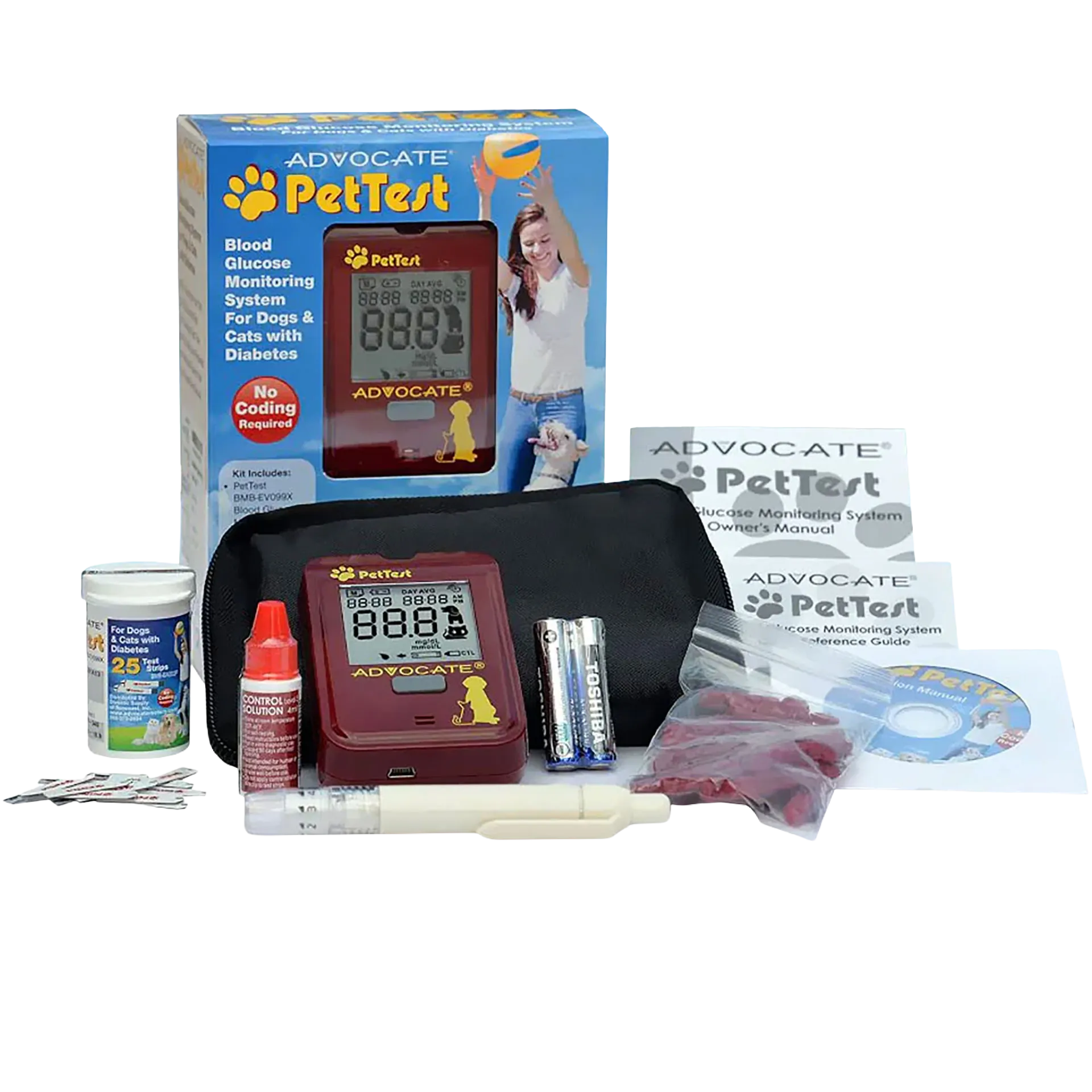 PetTest Glucose Monitoring System,"Glucose meter kit with case, test strips, syringe, and accessories"