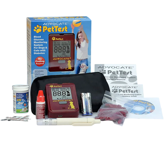 PetTest Glucose Monitoring System,"Glucose meter kit with case, test strips, syringe, and accessories"