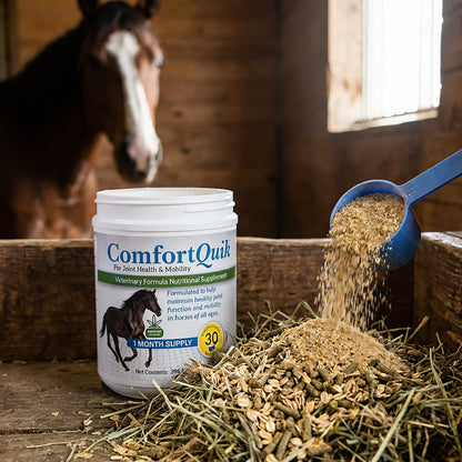 Comfort Quik™,"Open supplement tub with poured powder and feed scoop"