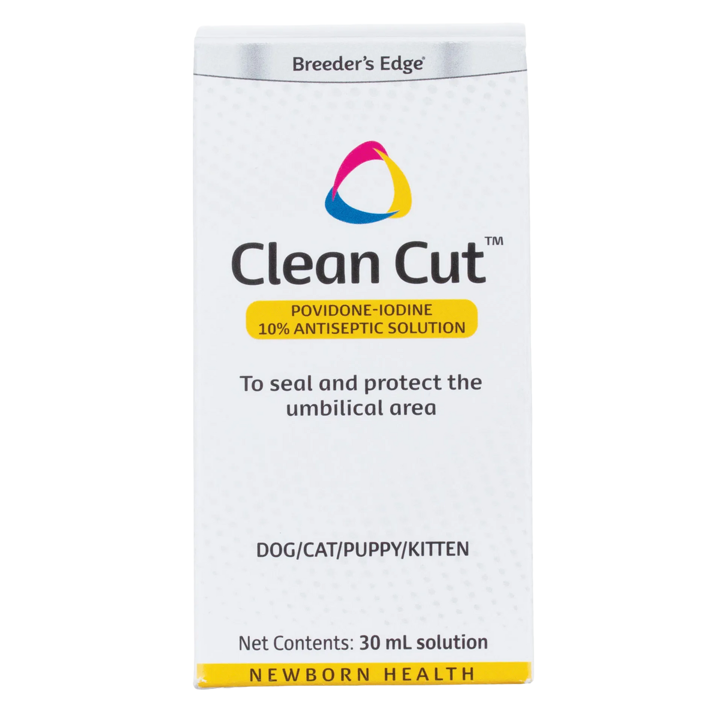 Breeder's Edge® Clean Cut™ Iodine,"Front view of white product box with yellow label accents"