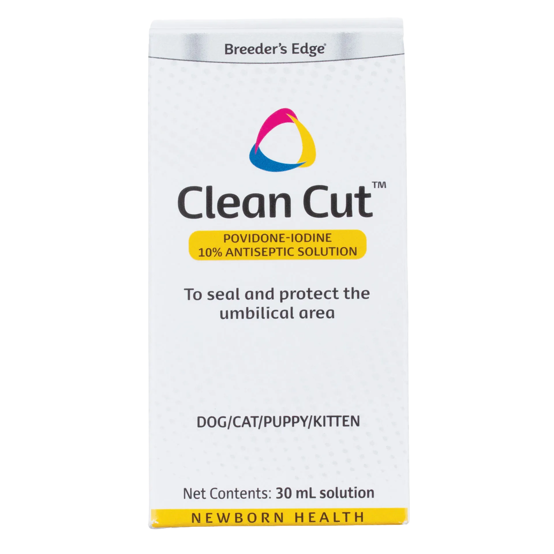 Breeder's Edge® Clean Cut™ Iodine,"Front view of white product box with yellow label accents"