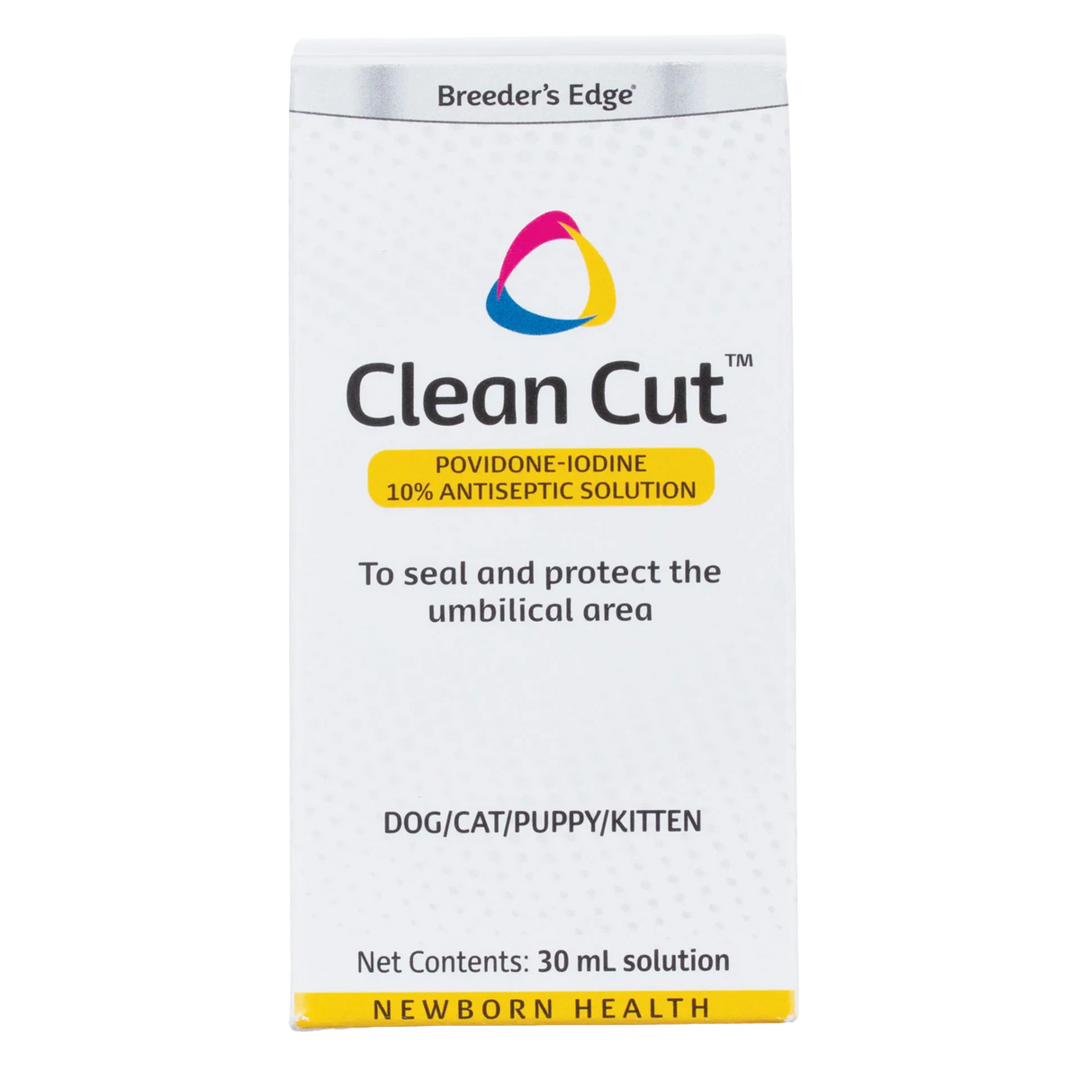 Breeder's Edge® Clean Cut™ Iodine,"Front view of white product box with yellow label accents"