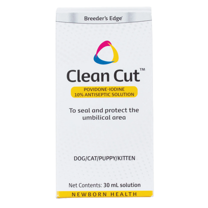 Breeder's Edge® Clean Cut™ Iodine,"Front view of white product box with yellow label accents"