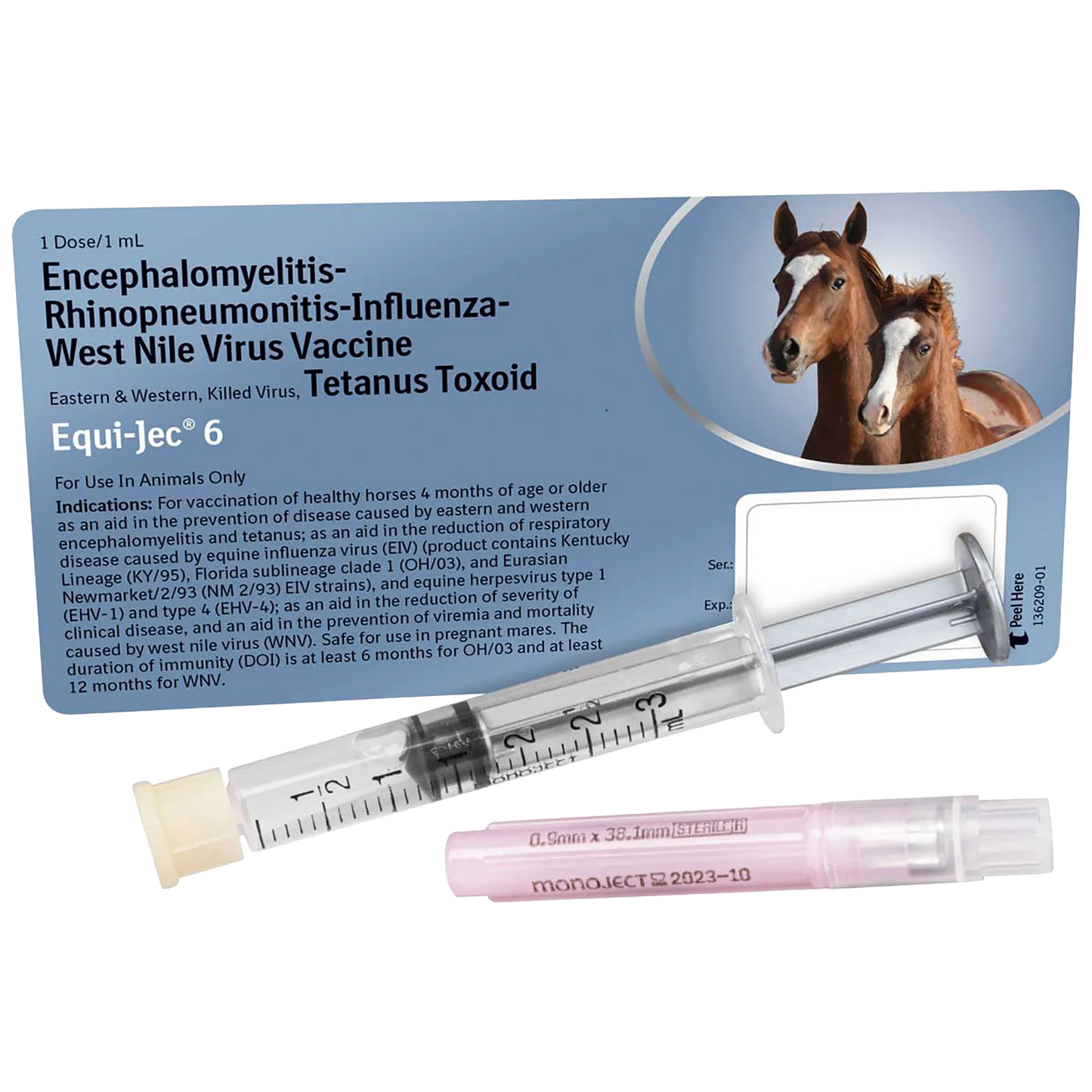 EQUI-JEC® 6,"Syringe and pink-capped needle beside vaccine carton"