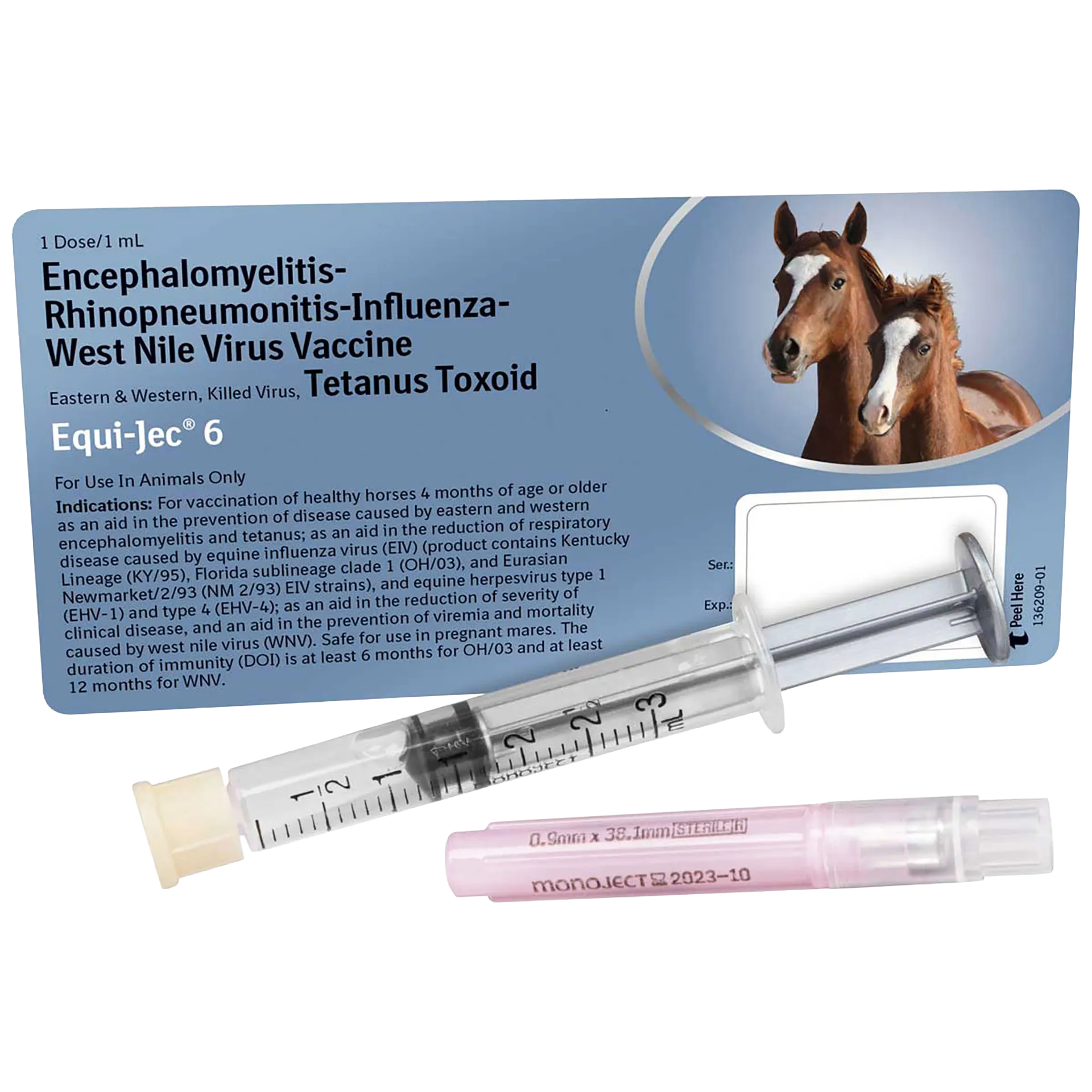 EQUI-JEC® 6,"Syringe and pink-capped needle beside vaccine carton"