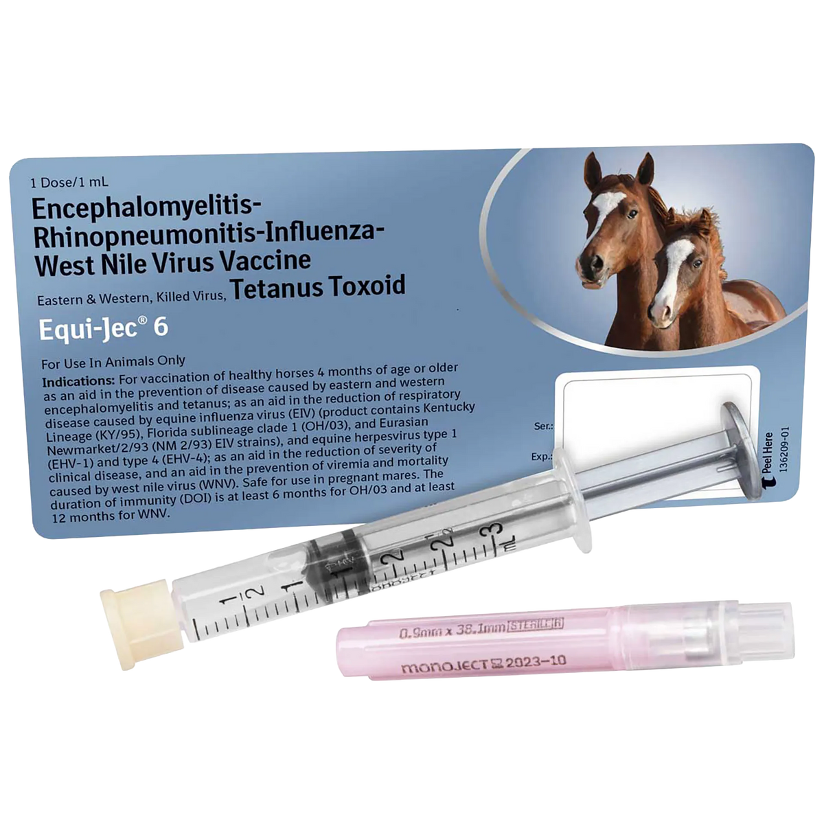 EQUI-JEC® 6,"Syringe and pink-capped needle beside vaccine carton"