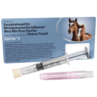 EQUI-JEC® 6,"Syringe and pink-capped needle beside vaccine carton"