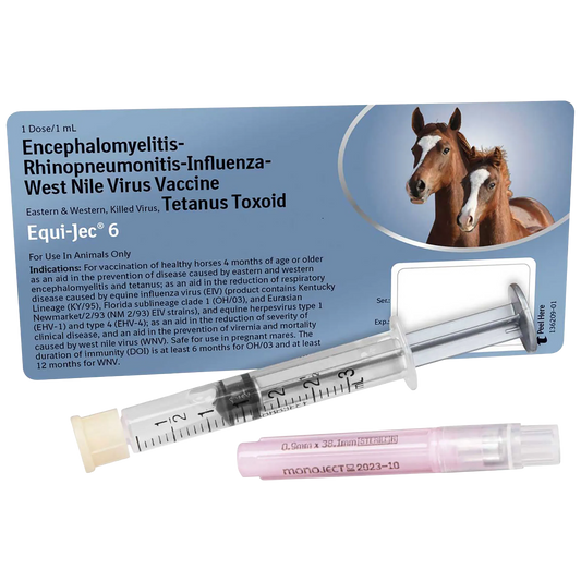 EQUI-JEC® 6,"Syringe and pink-capped needle beside vaccine carton"