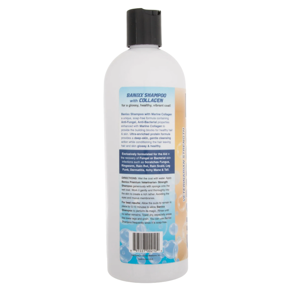 Banixx® Medicated Shampoo,"White shampoo bottle with black flip-top cap, back label view"