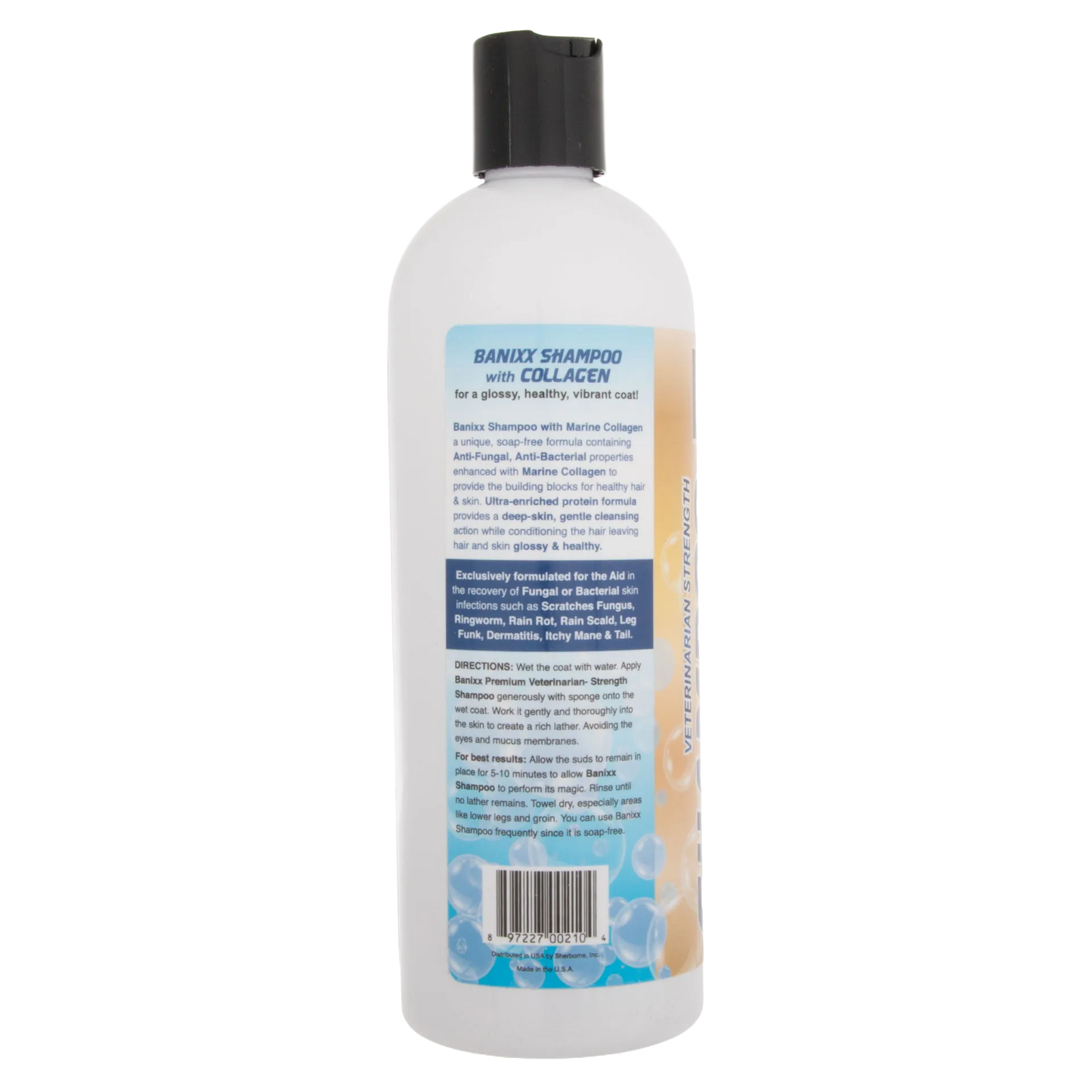 Banixx® Medicated Shampoo,"White shampoo bottle with black flip-top cap, back label view"