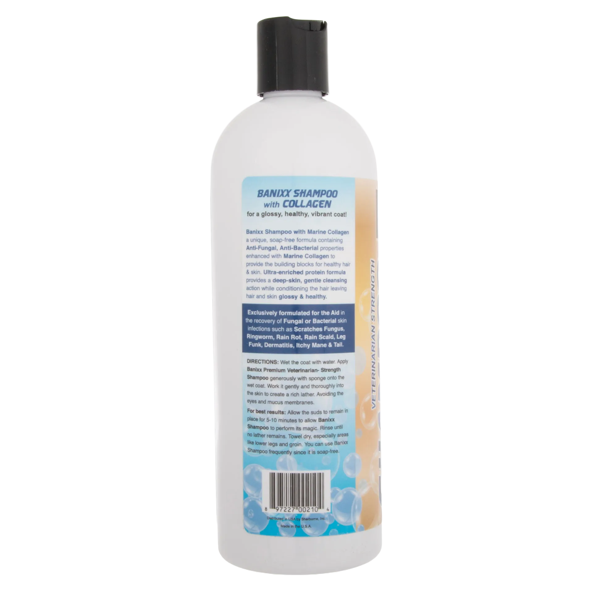 Banixx® Medicated Shampoo,"White shampoo bottle with black flip-top cap, back label view"