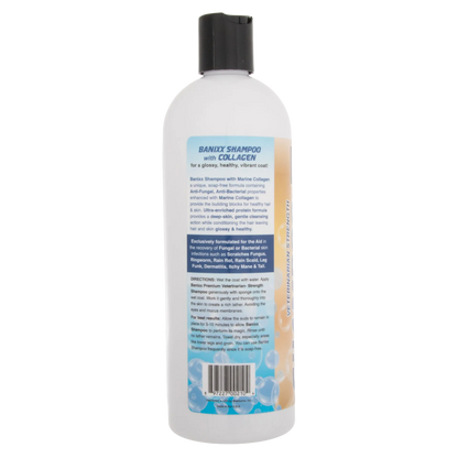 Banixx® Medicated Shampoo,"White shampoo bottle with black flip-top cap, back label view"