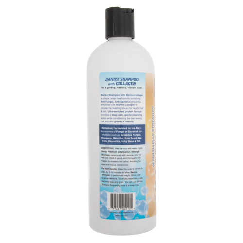 Banixx® Medicated Shampoo,"White shampoo bottle with black flip-top cap, back label view"