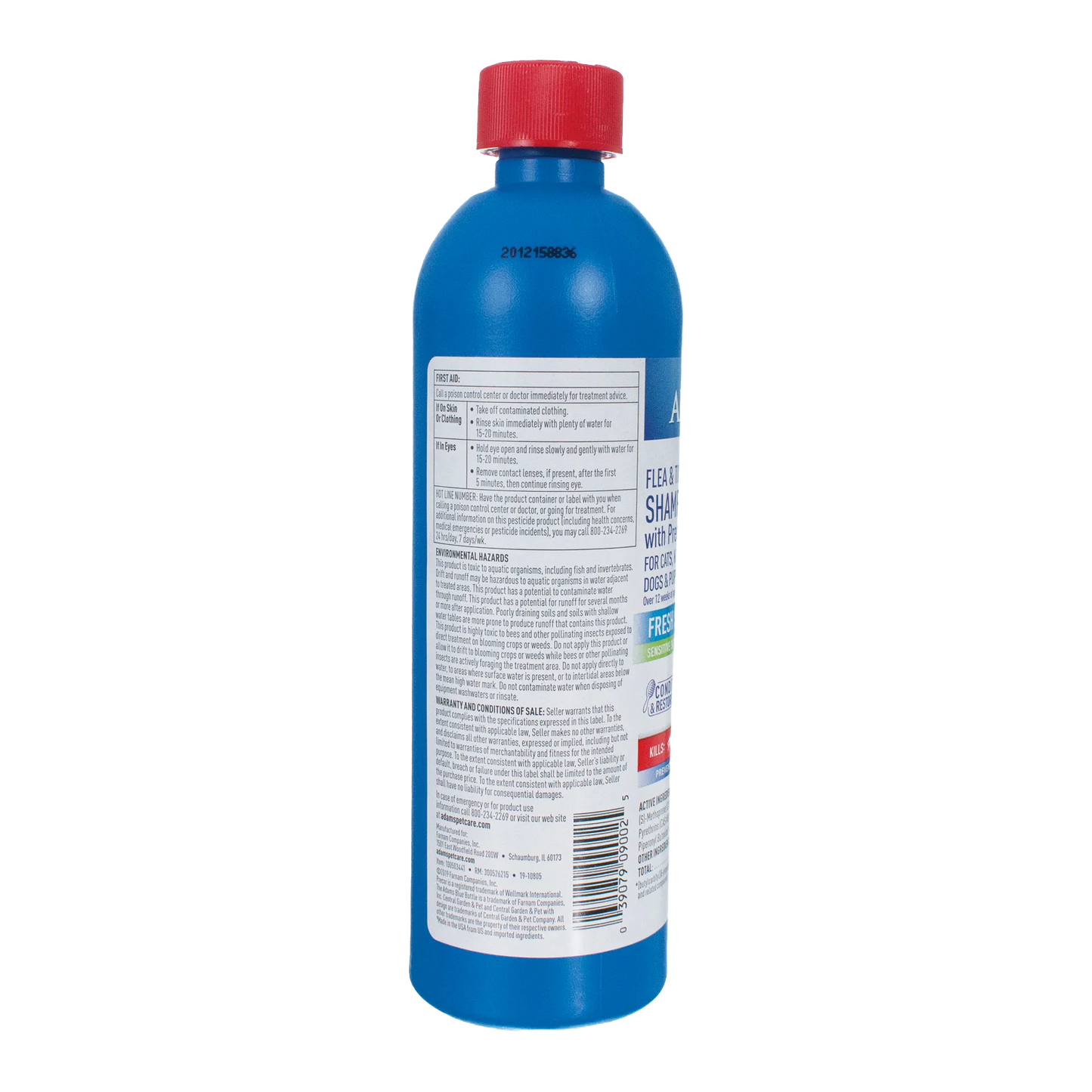 Adams™ Plus Flea and Tick Shampoo with Precor®,"Back view of blue bottle with red cap and label"