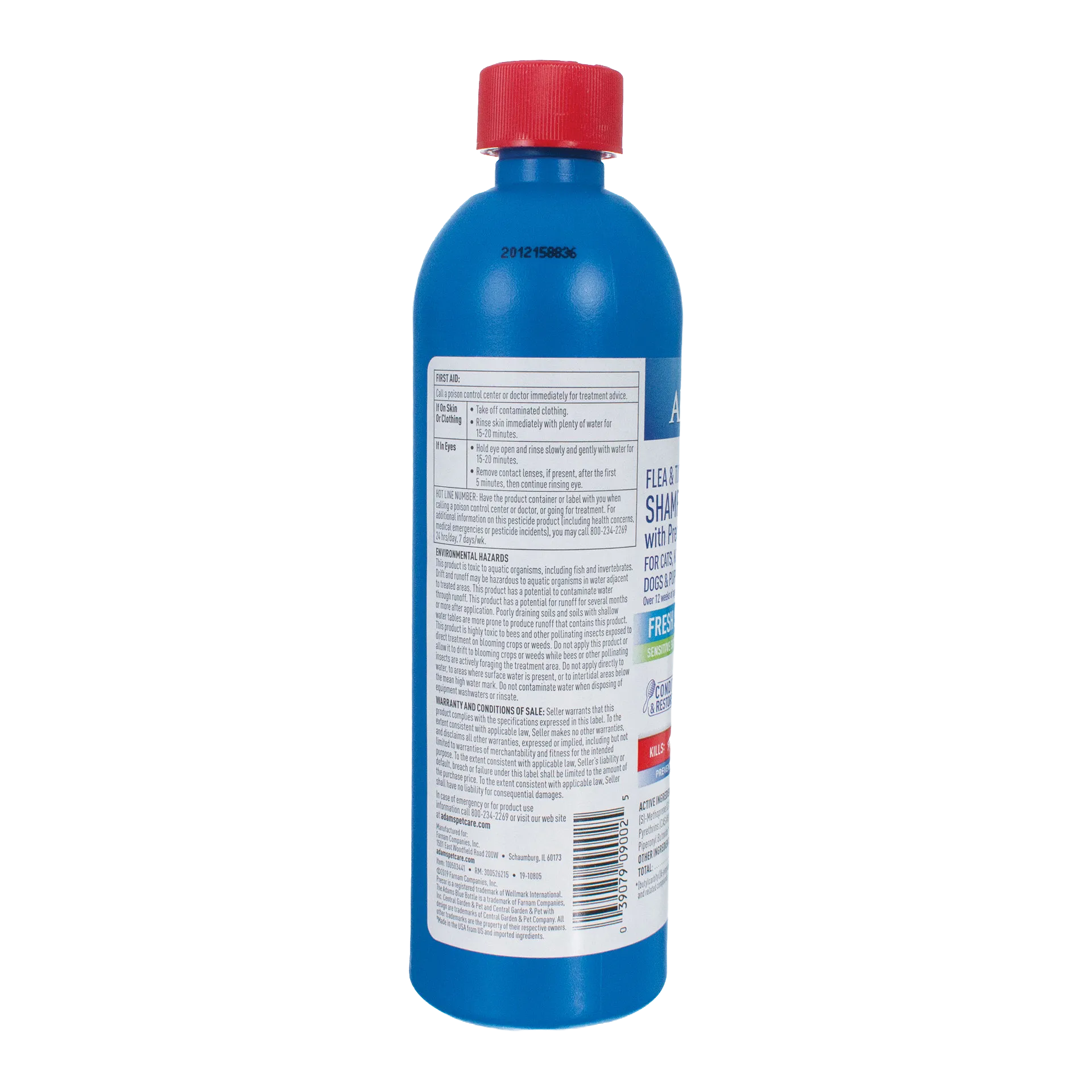 Adams™ Plus Flea and Tick Shampoo with Precor®,"Back view of blue bottle with red cap and label"