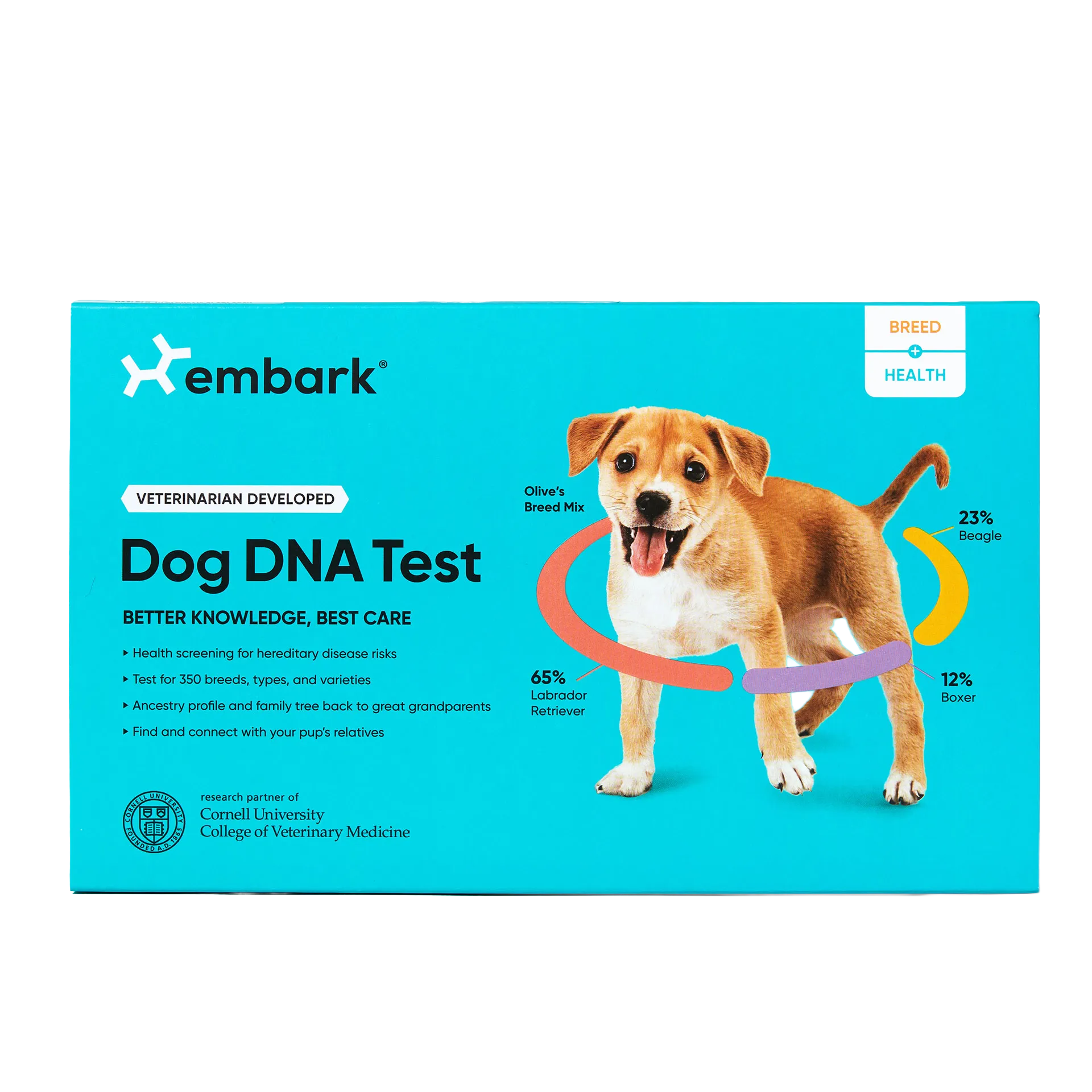 Embark Breed + Health DNA Test,"Turquoise test kit box with puppy illustration on front"