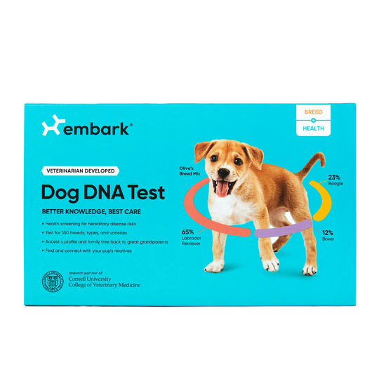 Embark Breed + Health DNA Test,"Turquoise test kit box with puppy illustration on front"