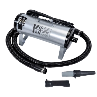 K-9 I Dog Dryer,"Metal dog dryer with coiled hose and two nozzle attachments"