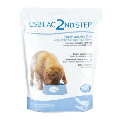 Esbilac® 2nd Step™ Puppy and Kitten Weaning Food,"Resealable pouch with puppy eating from a bowl"