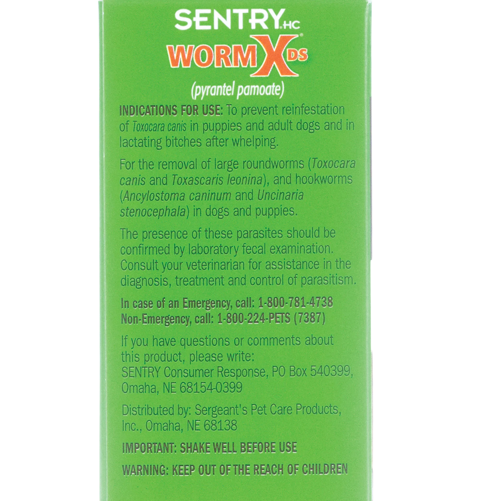 Sentry® WormX DS Liquid Dewormer,"Green box side panel with usage instructions"