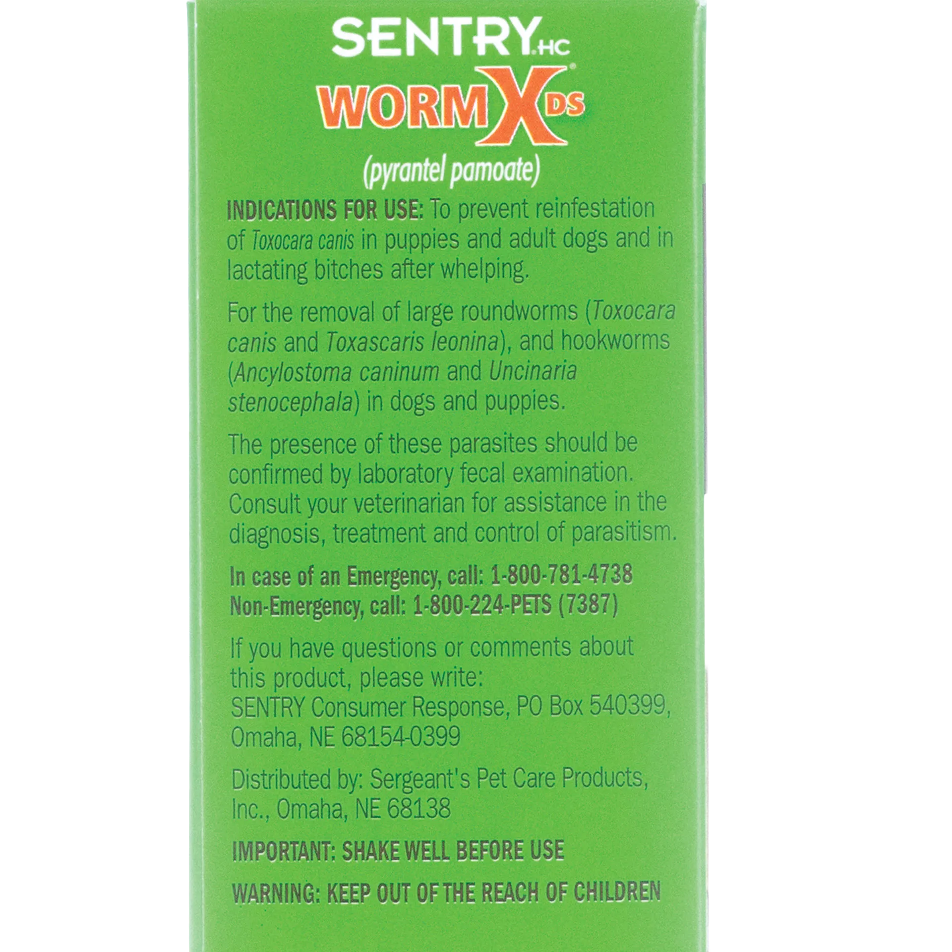 Sentry® WormX DS Liquid Dewormer,"Green box side panel with usage instructions"