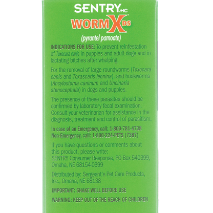Sentry® WormX DS Liquid Dewormer,"Green box side panel with usage instructions"