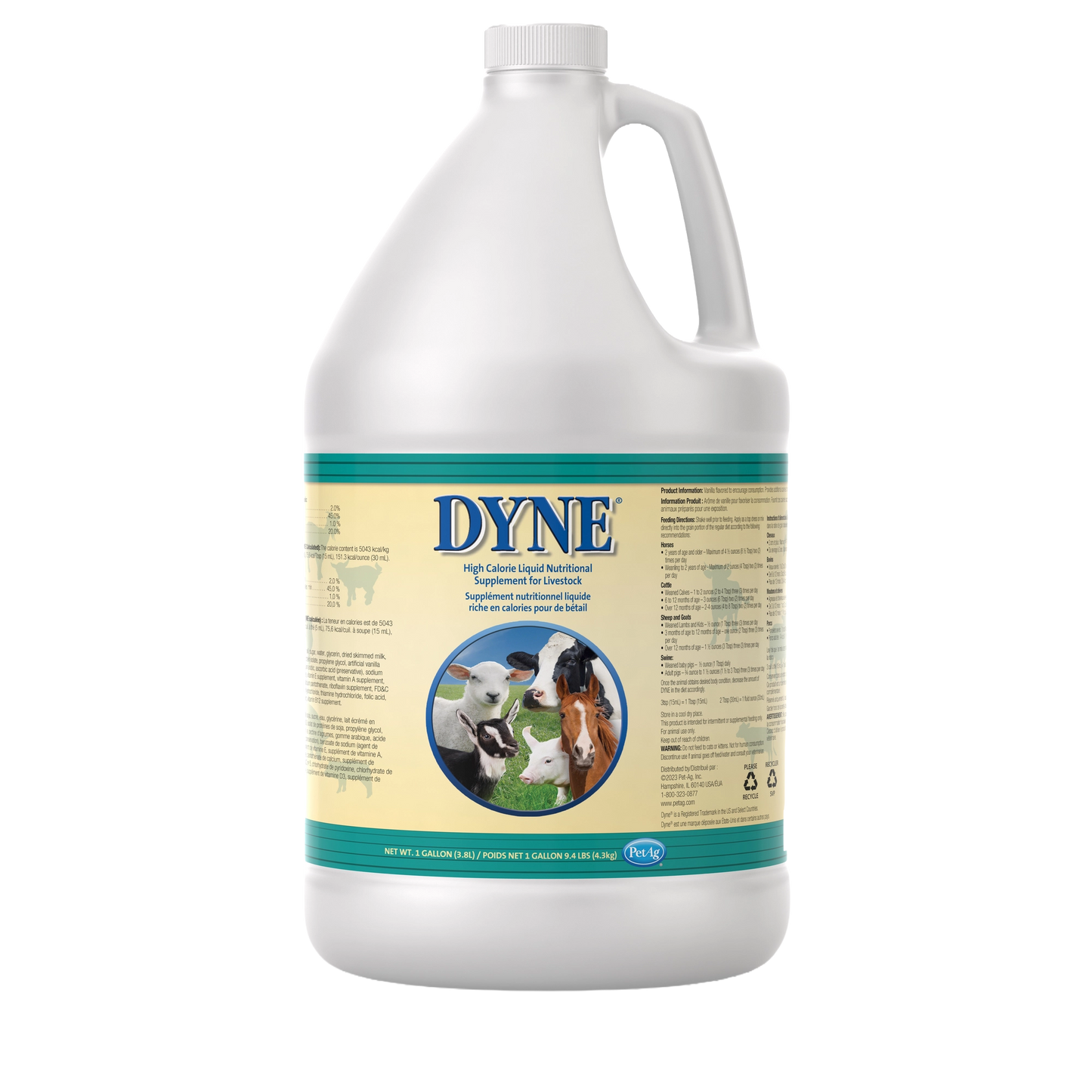 PetAg Dyne High Calorie Liquid Nutritional Supplement for Livestock,"Large white gallon jug with handle and animal label"