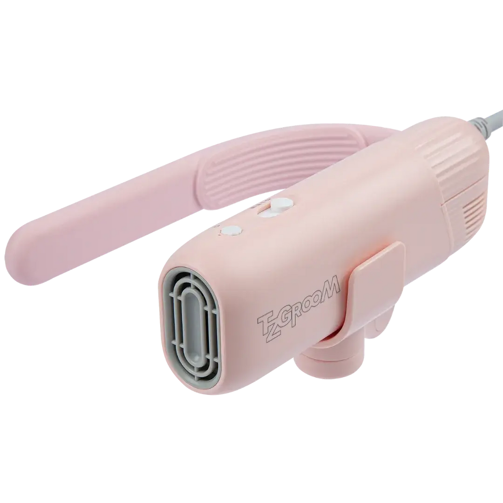 Mini Portable Neck Dryer by TZGroom,"Pink handheld dryer with curved handle and front vent"