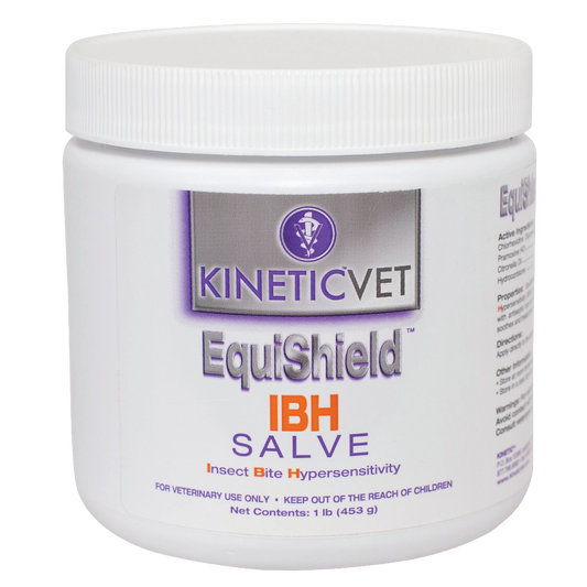 EquiShield® IBH Salve and Spray,"White plastic salve jar with ribbed screw-top lid"