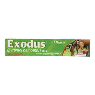 Exodus Paste Horse Dewormer,"Long green dewormer paste box with horse image"