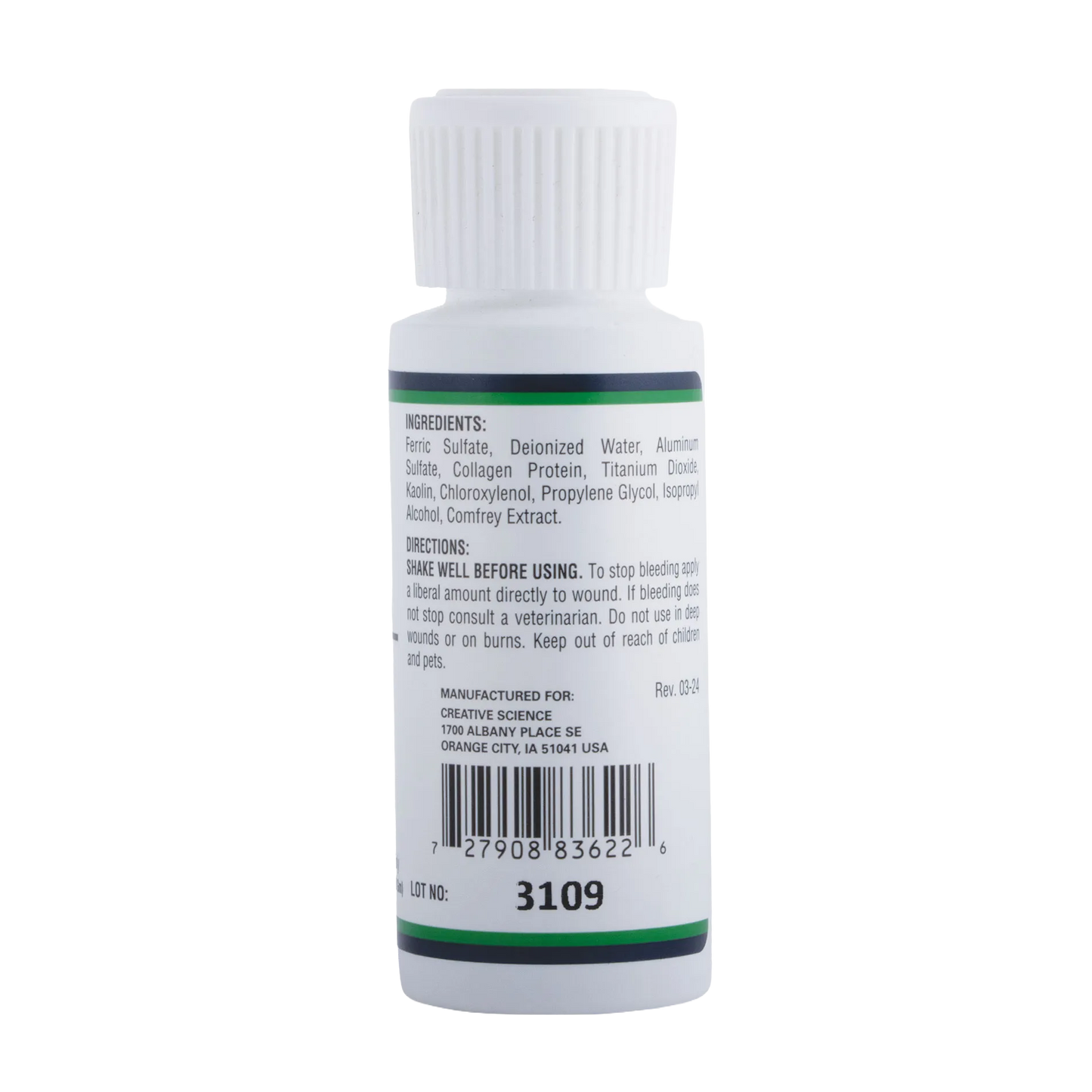 Clotisol®,"White bottle with ribbed cap showing back label and barcode"