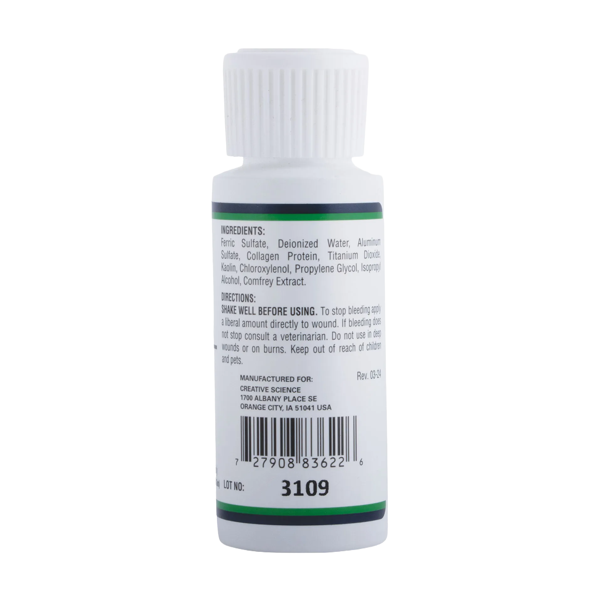 Clotisol®,"White bottle with ribbed cap showing back label and barcode"
