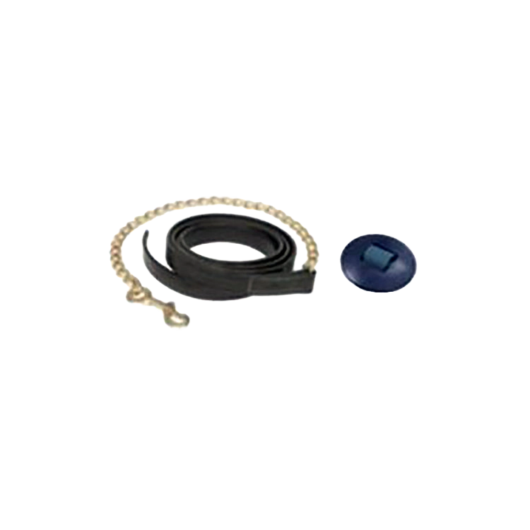 Leather Lead Shank,"Coiled black strap with beaded chain and blue cap"