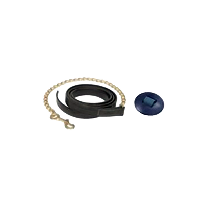 Leather Lead Shank,"Coiled black strap with beaded chain and blue cap"