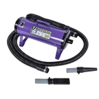 K-9 II Variable Speed Dog Dryer With FREE Water Peeler,"Purple dog dryer with coiled hose and two nozzle attachments"