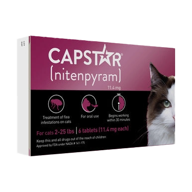 Capstar® Flea Oral Treatment for Cats,"Front view of flea treatment box with partial cat face"