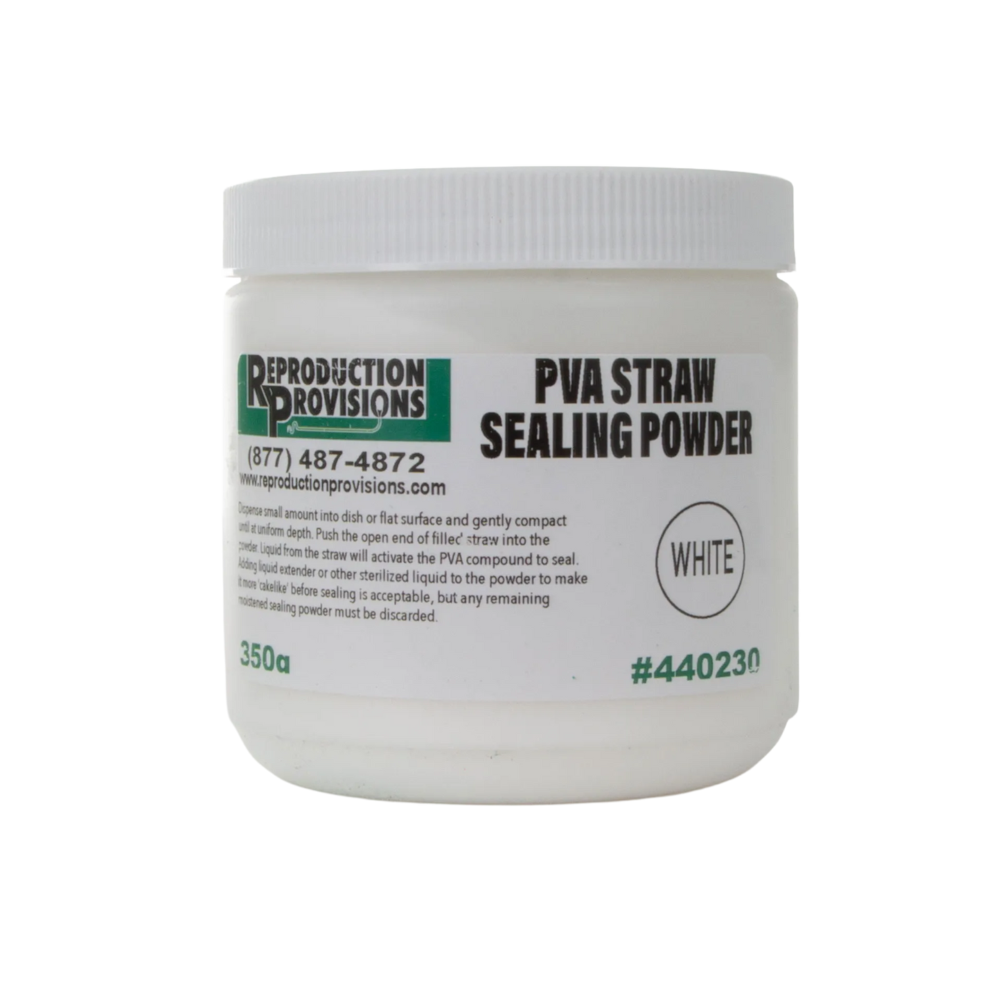PVC Straw Sealing Powder, White,"White plastic jar with screw-top lid, front label view"